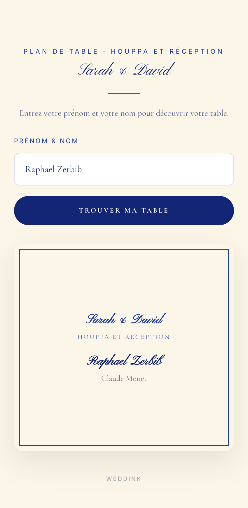 Page « Trouvez votre table » au style Amalfi — fond crème et typographie bleue.
